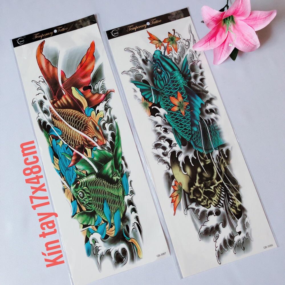 Combo 2 tấm hình xăm dán kín tay cao cấp 17x48cm: cá chép