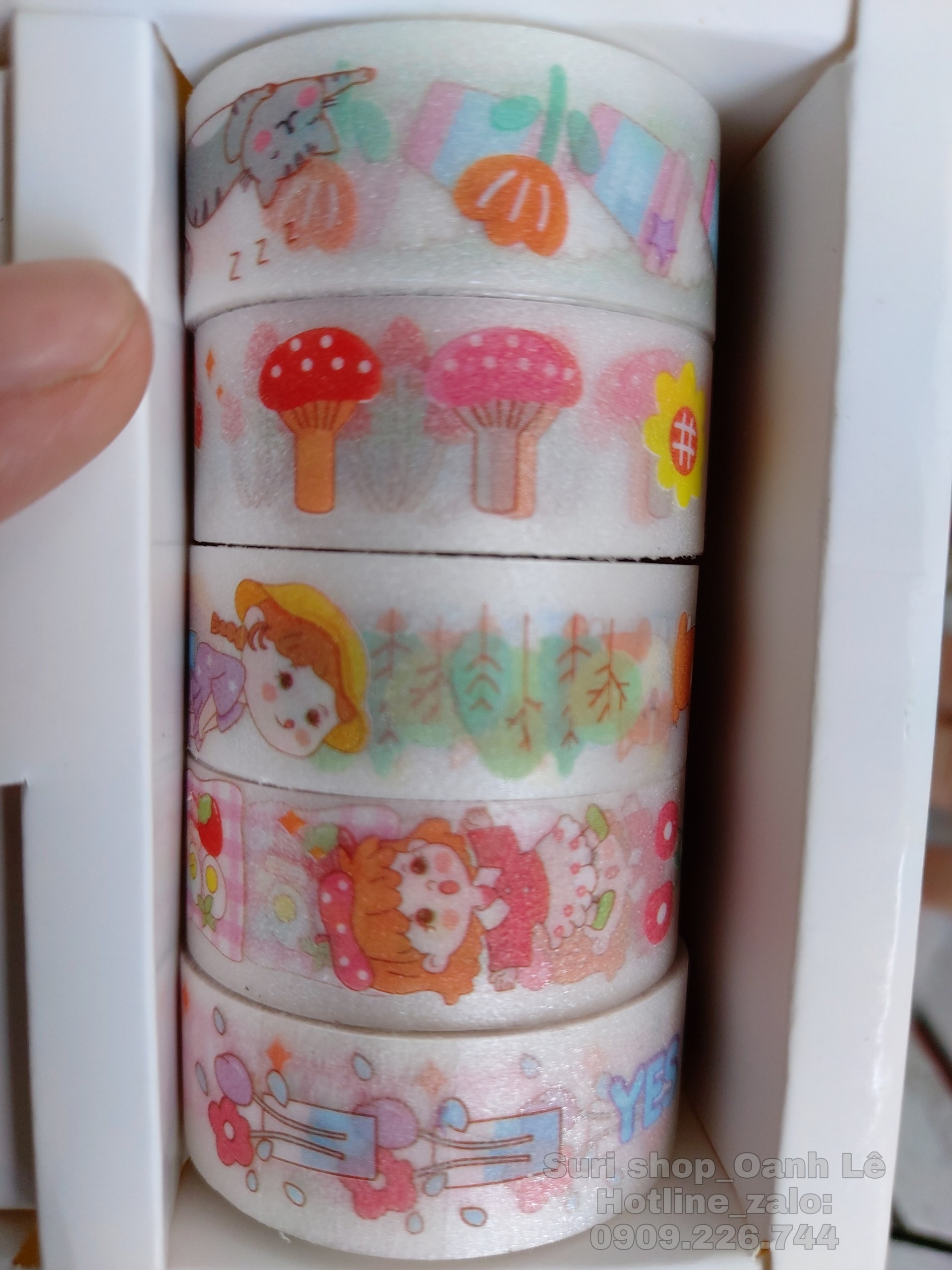 Hộp 5 cuộn Washi và 9 miếng sticker dễ thương