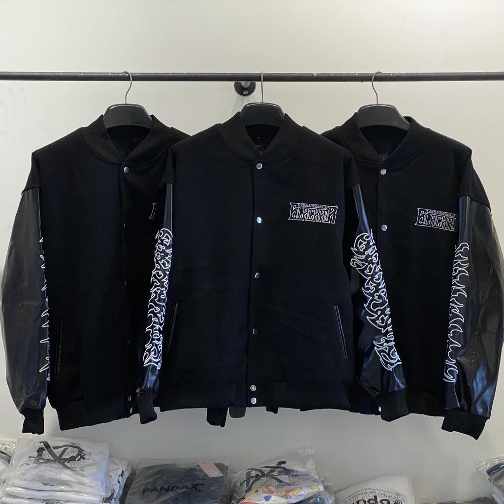 Bomber tay da black wide , varsity jacket nam nữ chất dạ 2 lớp , áo khoác bóng chày local brand unisex - Gin Store