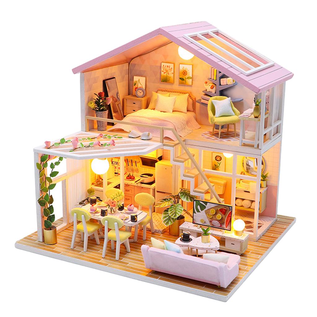 DIY Dollhouse Miniature Kit with Furniture Kits 3D Wooden Miniature House - 2 Stories Miniature Dolls House Cottage Building Model