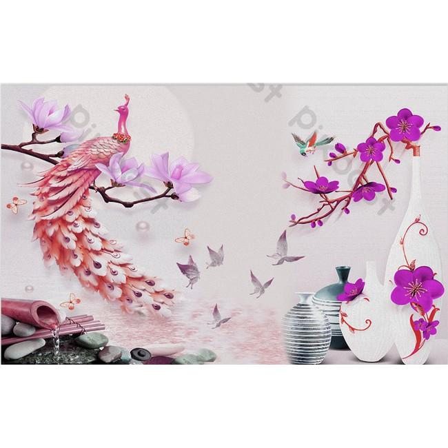 Tranh dán tường Bình bông hoa anh đào và chim công nghệ thuật, Tranh dán tường 3d hiện đại n MS932760