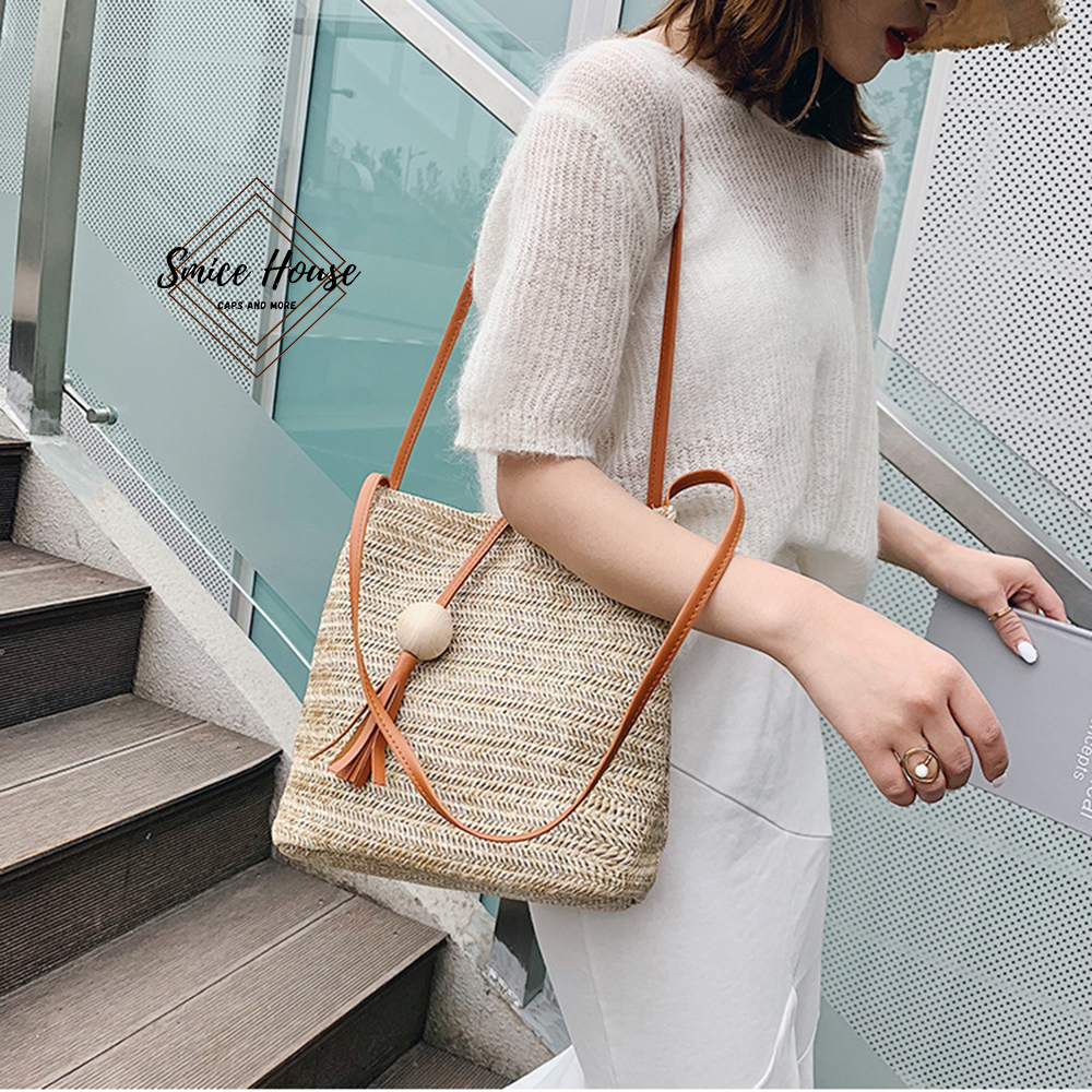Túi Cói Đeo Vai Trơn đính quả gỗ Phong Cách Vintage, Túi Đeo Kẹp Nách Nữ