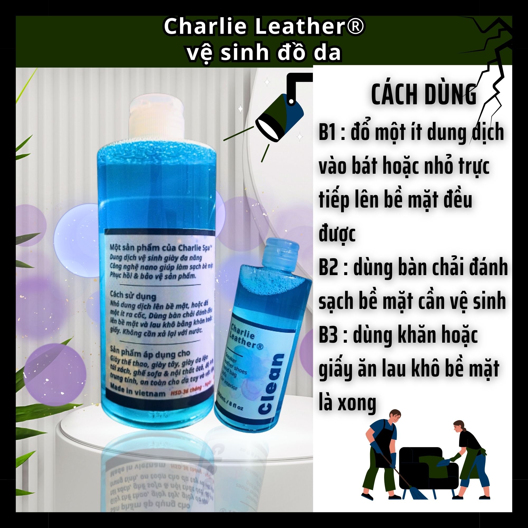 Chai vệ sinh giày Charlie Leather 300mL, Làm sạch giày, da lộn, túi xách, sofa, nội thất ôtô