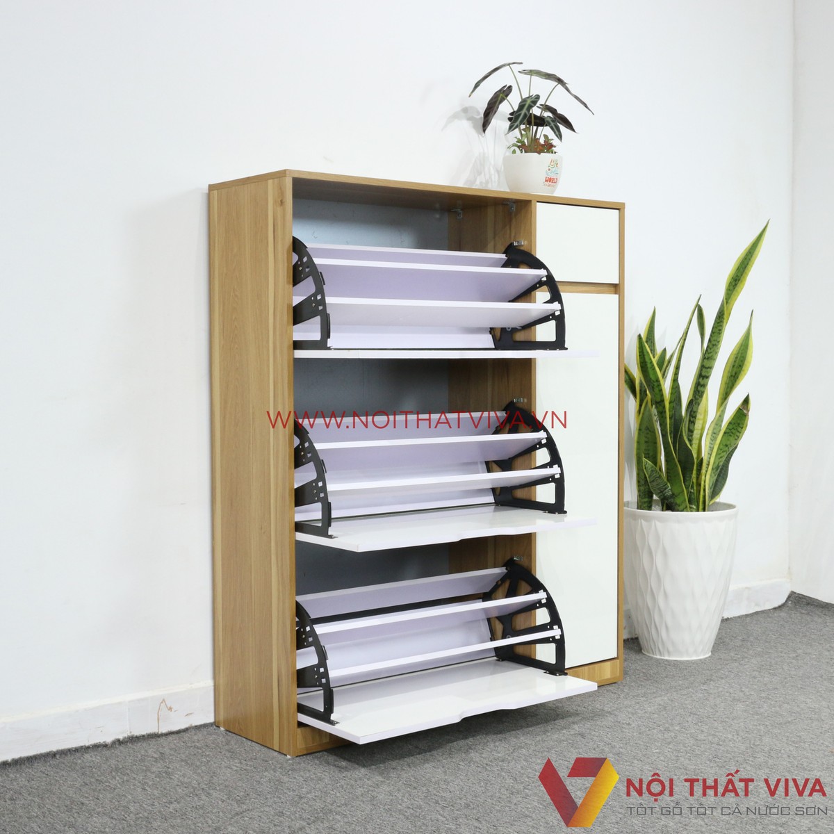 Tủ Giày Thông Minh Gỗ Công Nghiệp 3 Tầng Màu Sọc Vàng Cánh Trắng Đẹp Giá Rẻ