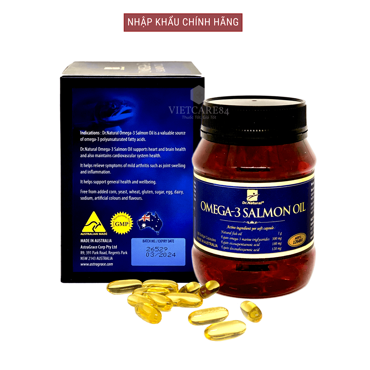 Viên uống Omega 3 dầu cá Hồi nhập khẩu chính hãng Úc OMEGA 3 SALMON OIL (180 viên) hỗ trợ giảm mỡ máu, giảm nguy cơ xơ vữa động mạch, cung cấp các chất dinh dưỡng cần thiết cho não bộ, tốt cho mắt
