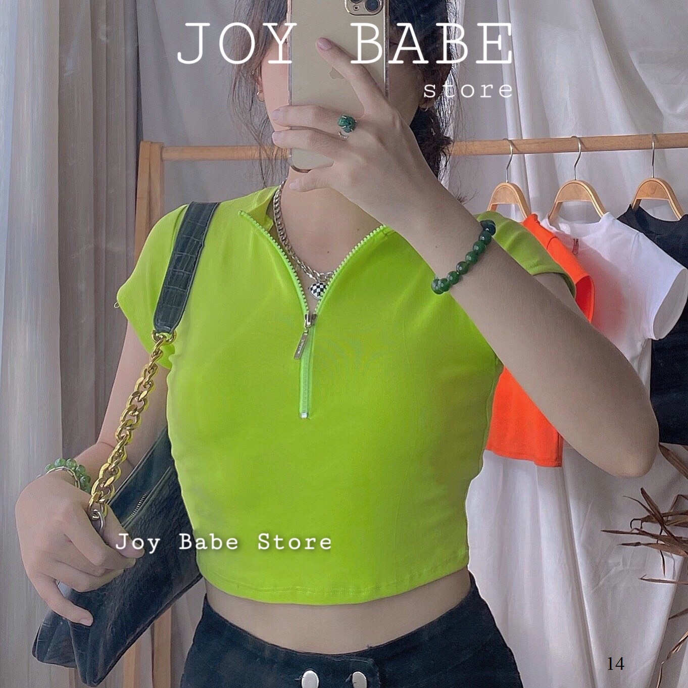 Áo thun croptop cổ bẻ kéo khóa JOY BABE thun xịn co giãn 4 chiều  crop polo trơn basic cam xanh lá sáng da CRON 14 -4E