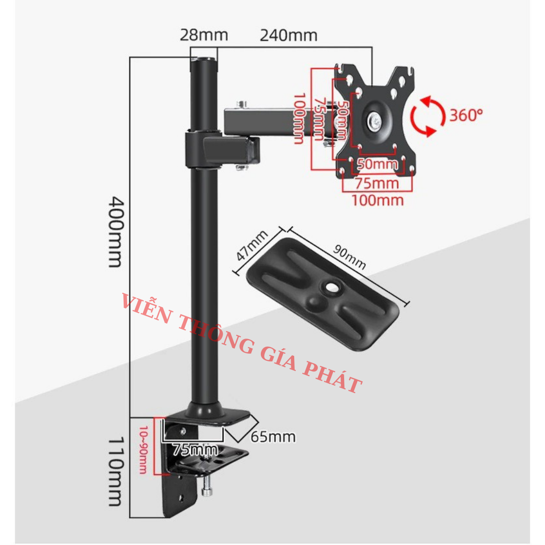 Giá treo màn hình 17 - 27inch xoay 360 độ - Chân đứng - Tay dài 23 kẹp thành bàn