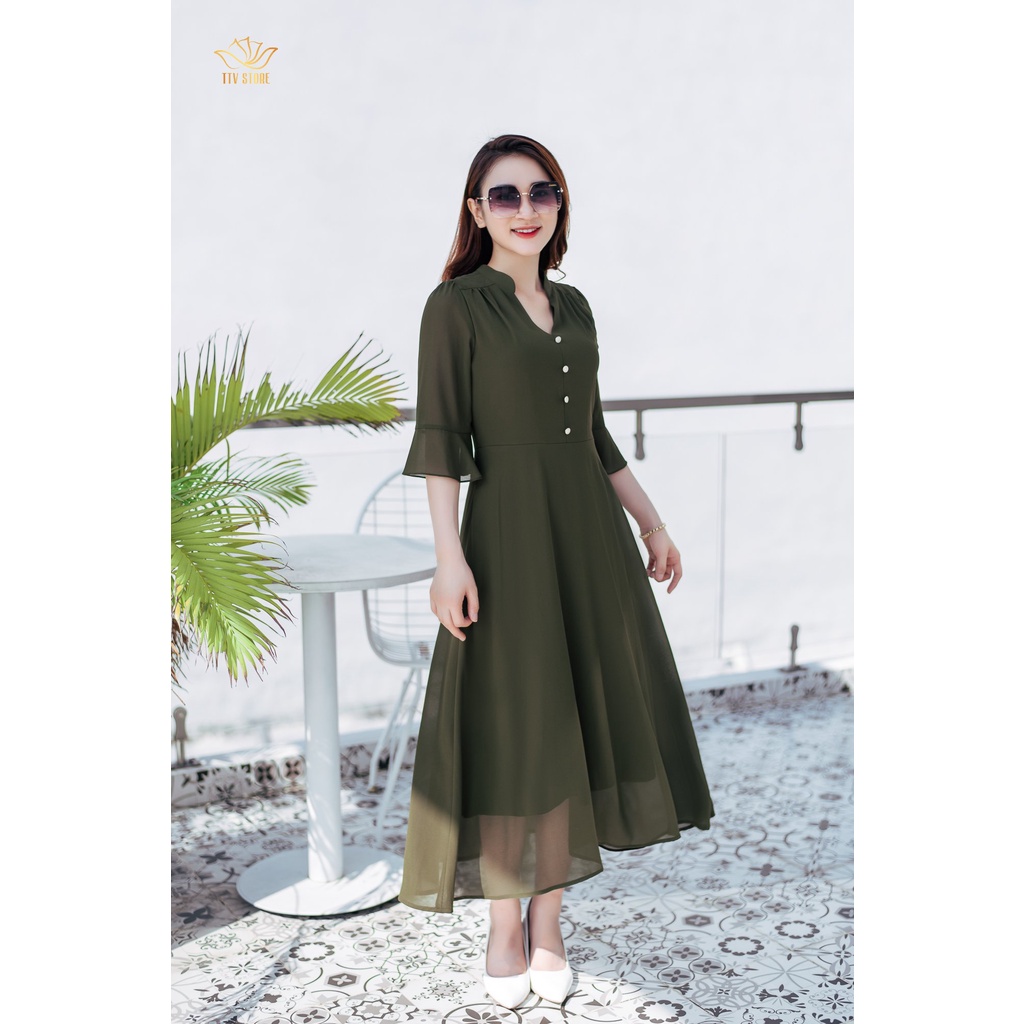 Đầm maxi trơn trung niên TTV1108 TTV Store cổ trụ kết nút tay chuông màu xanh rêu