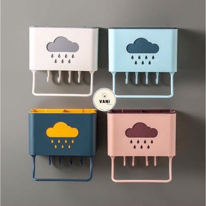 Kệ Đựng Muỗng Đũa Dán Tường Kèm Móc Và Thanh Treo khăn Thông Minh - Ống Cắm Đũa Thìa Hình Đám Mây Treo Tường Nhà Bếp.
