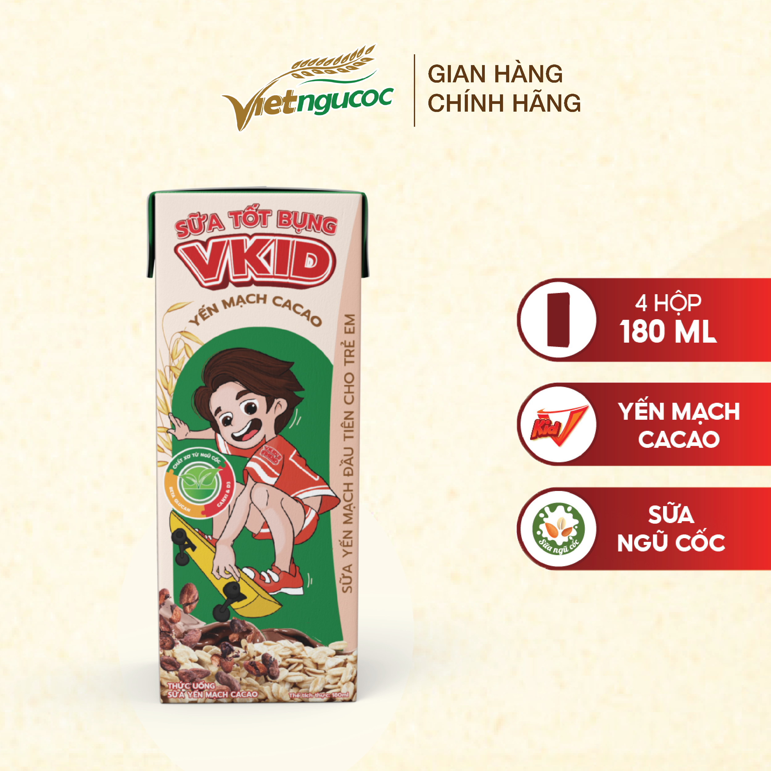 Lốc 4 Hộp Sữa Yến Mạch Vkid VIỆT NGŨ CỐC Cho Bé Thơm Ngon Hương Vị Cacao 180ml/Hộp
