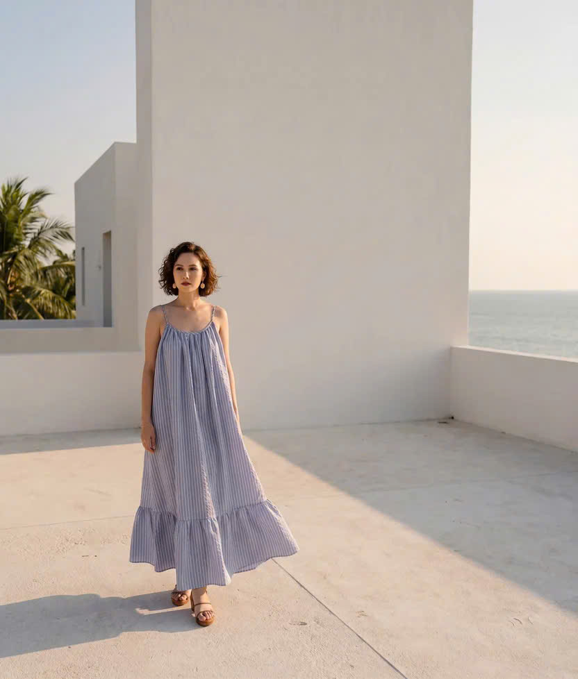 Đầm Maxi Hở Lưng Cotton Sọc Xanh Biển Vân Hy Dre217 Thời trang Hity