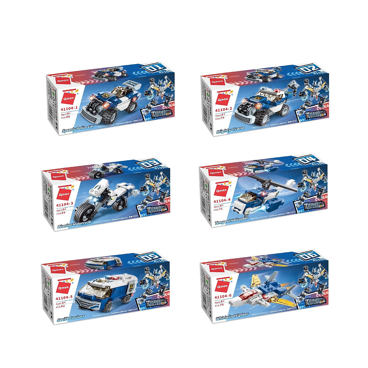 Hộp 6 bộ đồ chơi lắp ráp Robot biến hình - Phương tiện cảnh sát Qman 41104