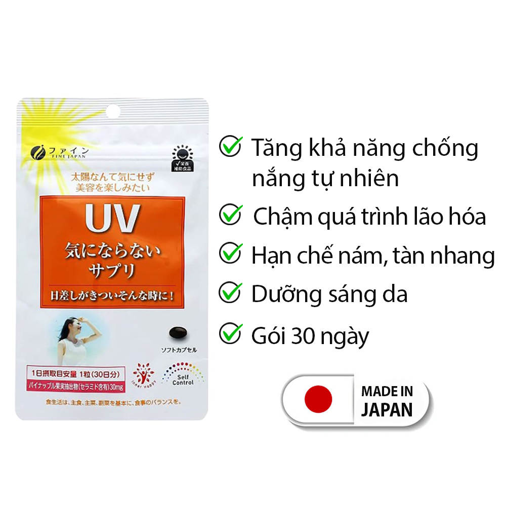 Viên uống chống nắng UV Fine Japan giúp bảo vệ da tối ưu, dưỡng sáng làn da, hạn chế sạm nám và tàn nhang, tăng cường sức khỏe làn da JN-UV01