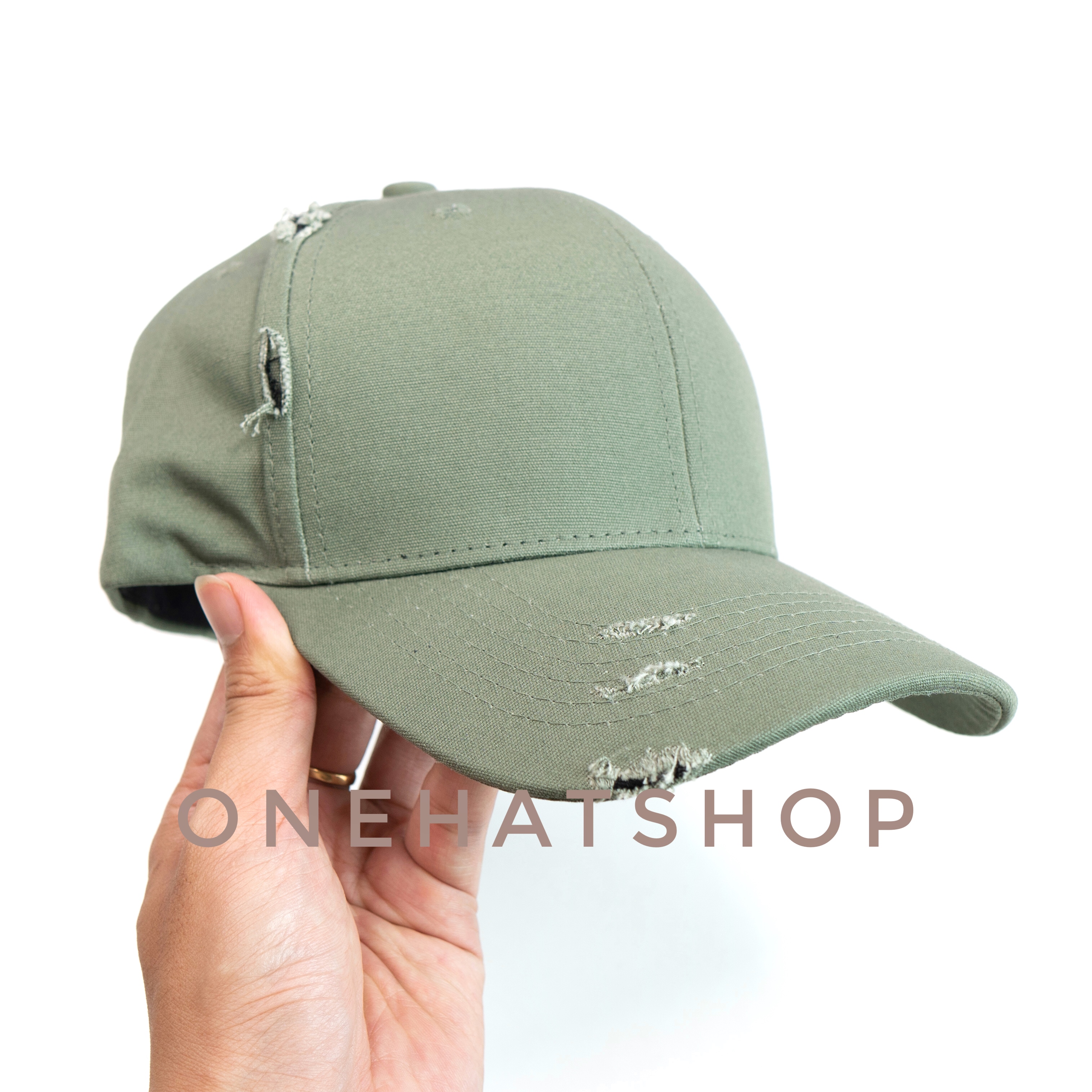 Nón kết trơn Xanh lá có wax rách ở vành nón -fom cứng baseball cap