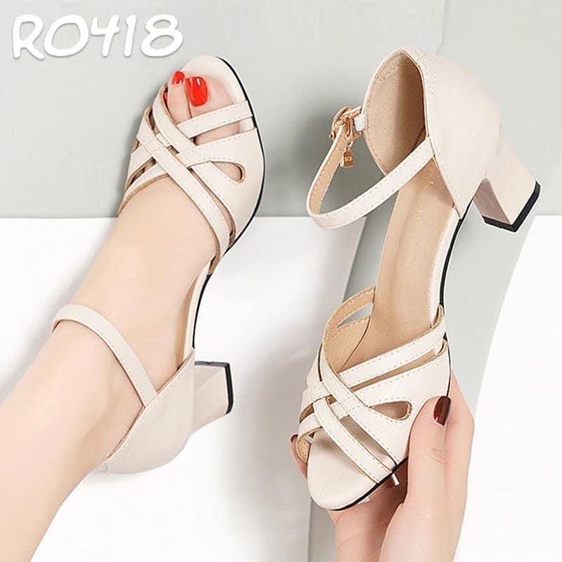 Sandal cao gót nữ, da lì cao cấp ROSATA RO418 cao 7p - Đen, Kem - HÀNG VIỆT NAM - BKSTORE