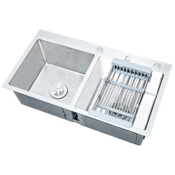 Chậu rửa chén bát inox Valenza 8245 hai hố cân kèm rá inox đa năng, bộ xiphong xả chậu