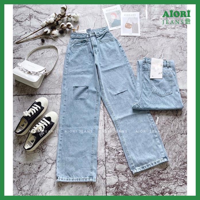 Quần Jeans Nữ, Quần Bò Nữ Aiori Ống Rộng Cạp Cao Rách Kiểu Bò Suông Phong Cách Thời Trang Hàn Quốc_Mã 3319