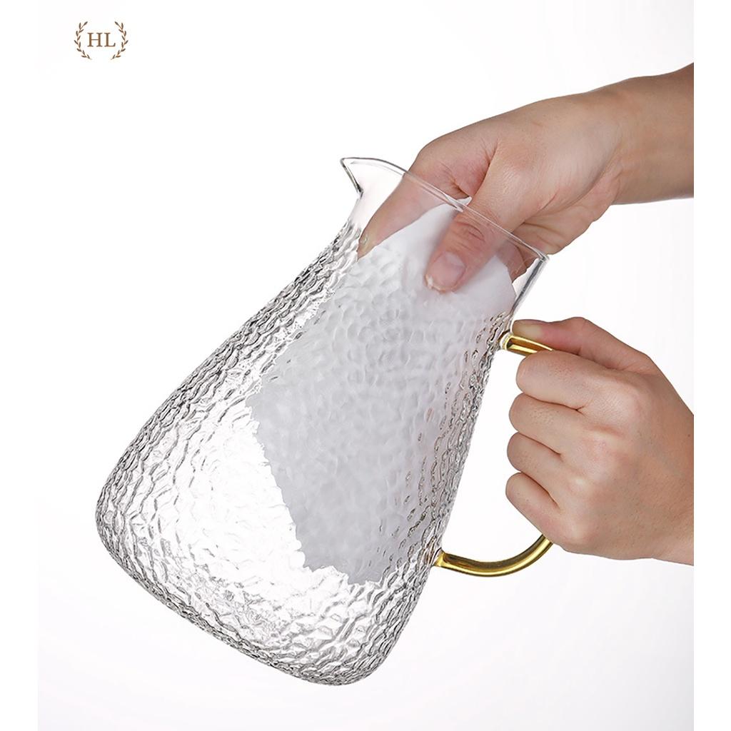Bình thuỷ tinh chịu nhiệt sần quai vàng | Bộ bình cốc thủy tinh sần Borosilicate chịu nhiệt, chịu lực cao cấp 1.6L 1.8L