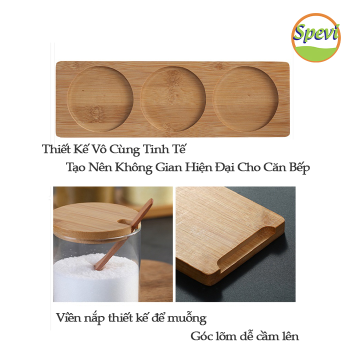 Bộ Hũ Đựng Gia Vị Thủy Tinh Có Muỗng SPEVI Nắp Đậy Bằng Tre Đa Năng, Thiết Kế Sang Trọng - Hàng Chính Hãng