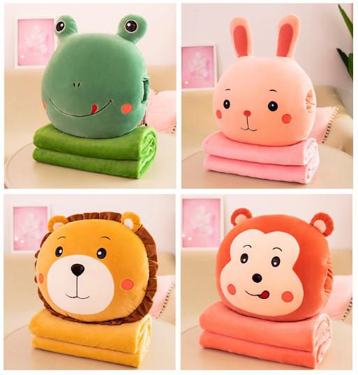 GỐI MỀN 3 in 1 hình thú cute Khỉ Ếch Thỏ Sư tử, thun 4 chiều siêu mịn, bộ chăn gối văn phòng, gấu bông kèm mềnGM75-GMMat - Ếch