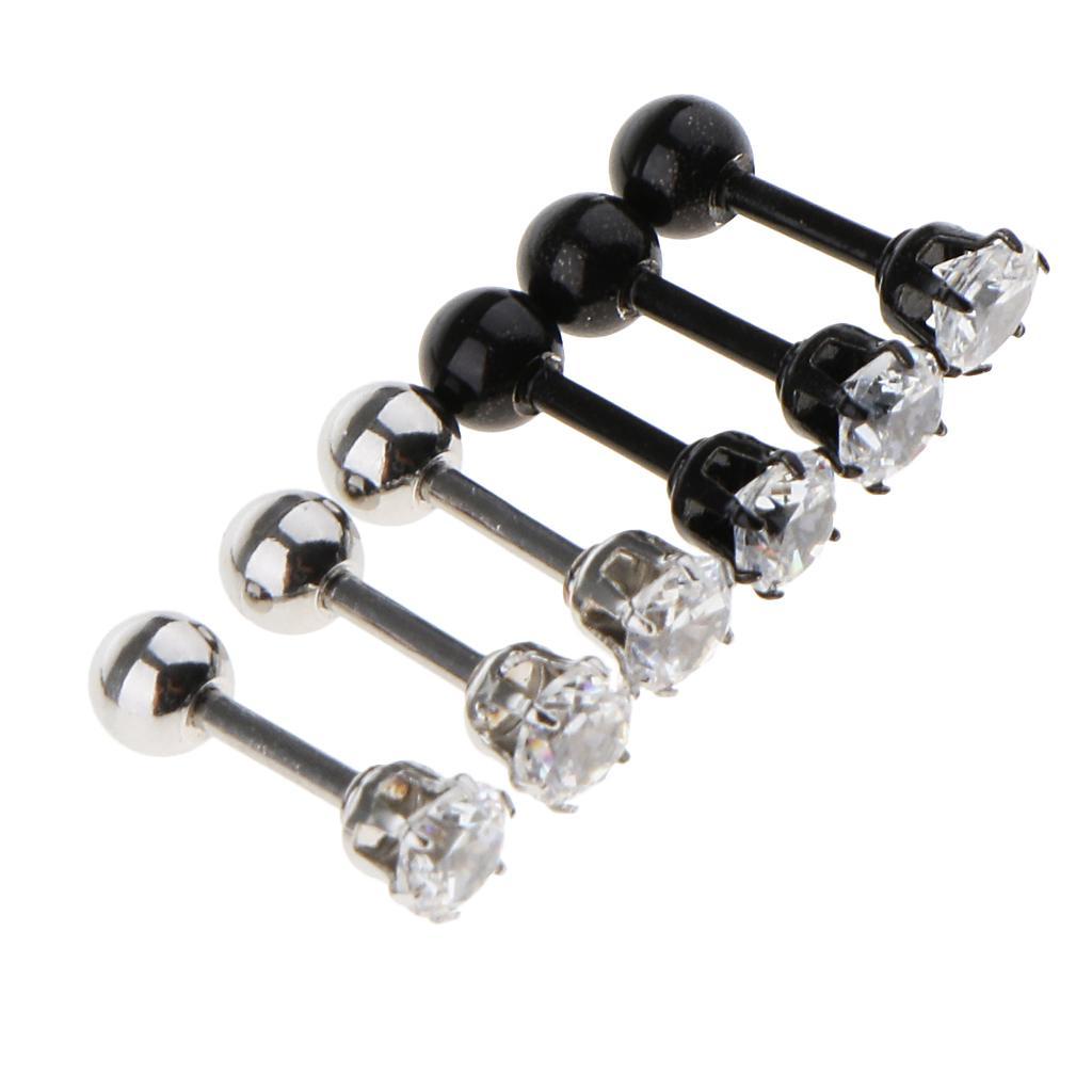 6 Pieces Black Silver Crystal Stainless Steel Ear Navel Belly Stud