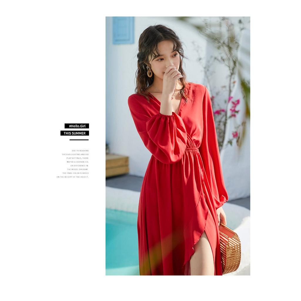 ĐẦM MAXI ĐỎ HỞ LƯNG DÀI TAY MÀU ĐỎ QUẢNG CHÂU