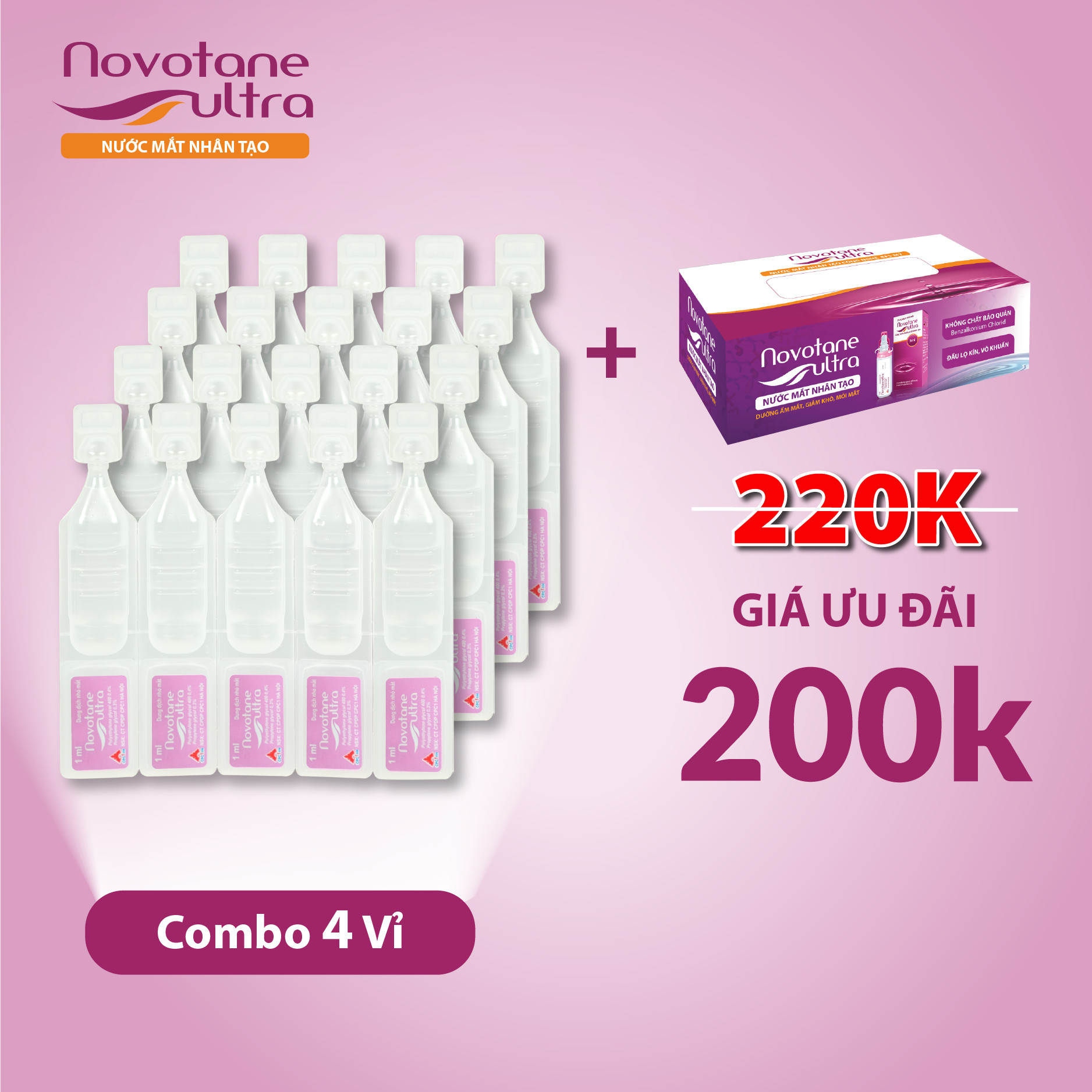 Combo 4 vỉ Novotane Ultra 1ml giúp bảo vệ mắt, dưỡng ẩm, giảm khô, giảm mỏi mắt