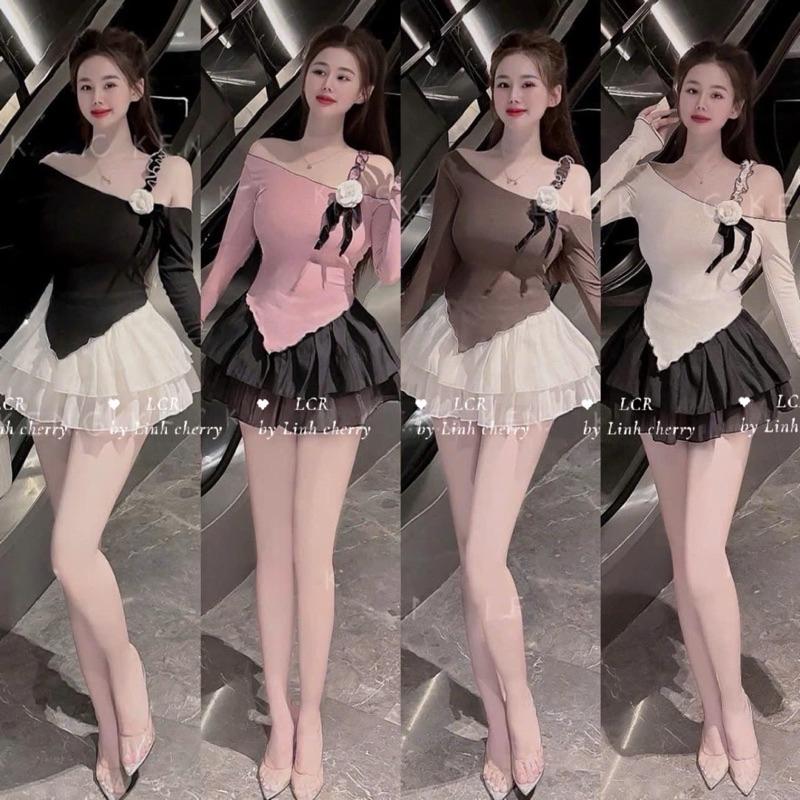 sét vây xoè tầng áo vạt xéo lệch vai nở hit hot BY JOLIE - Hồng, Hồng