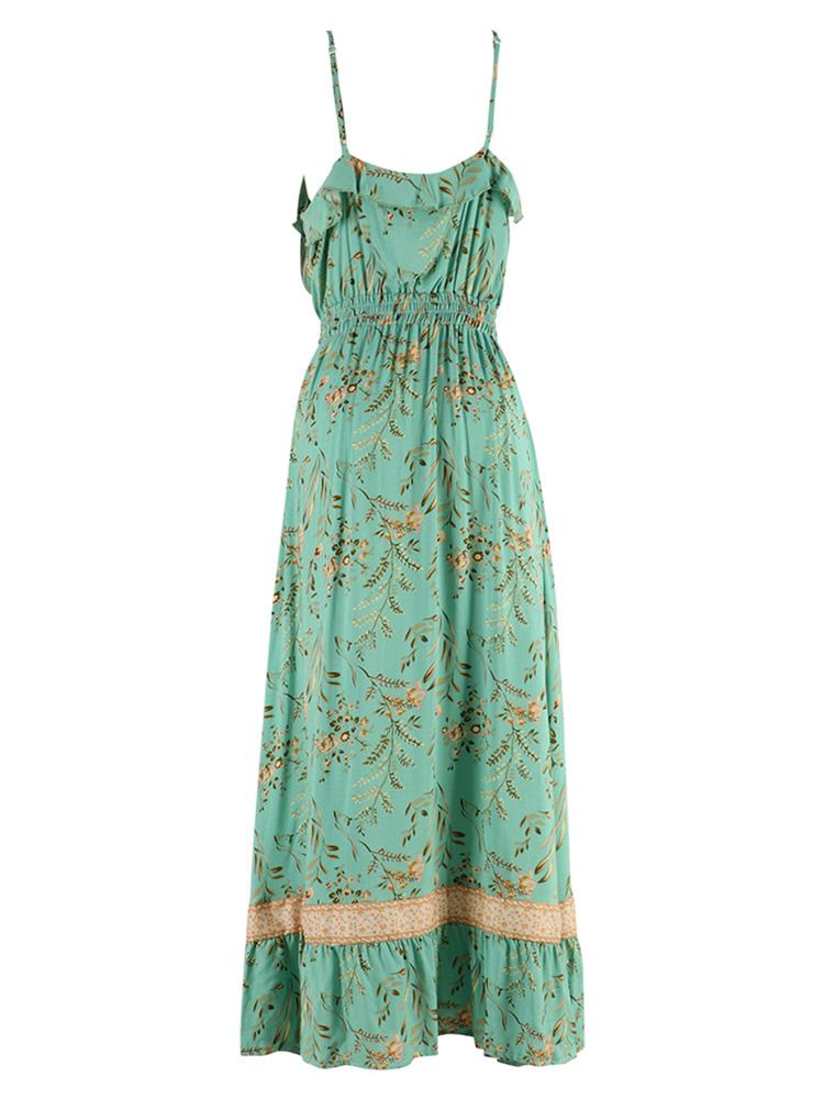 Boho Women Dress Floral Print Deep V Neck Spaghetti Strap Sleeveless High Waist Backless Ruffle Maxi Beach One-piece
