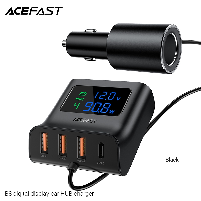 Sạc Hub ô tô Acefast 90W 4 cổng 3xUSB-A + USB-C có đèn hiển thị - B8 Hàng chính hãng Acefast