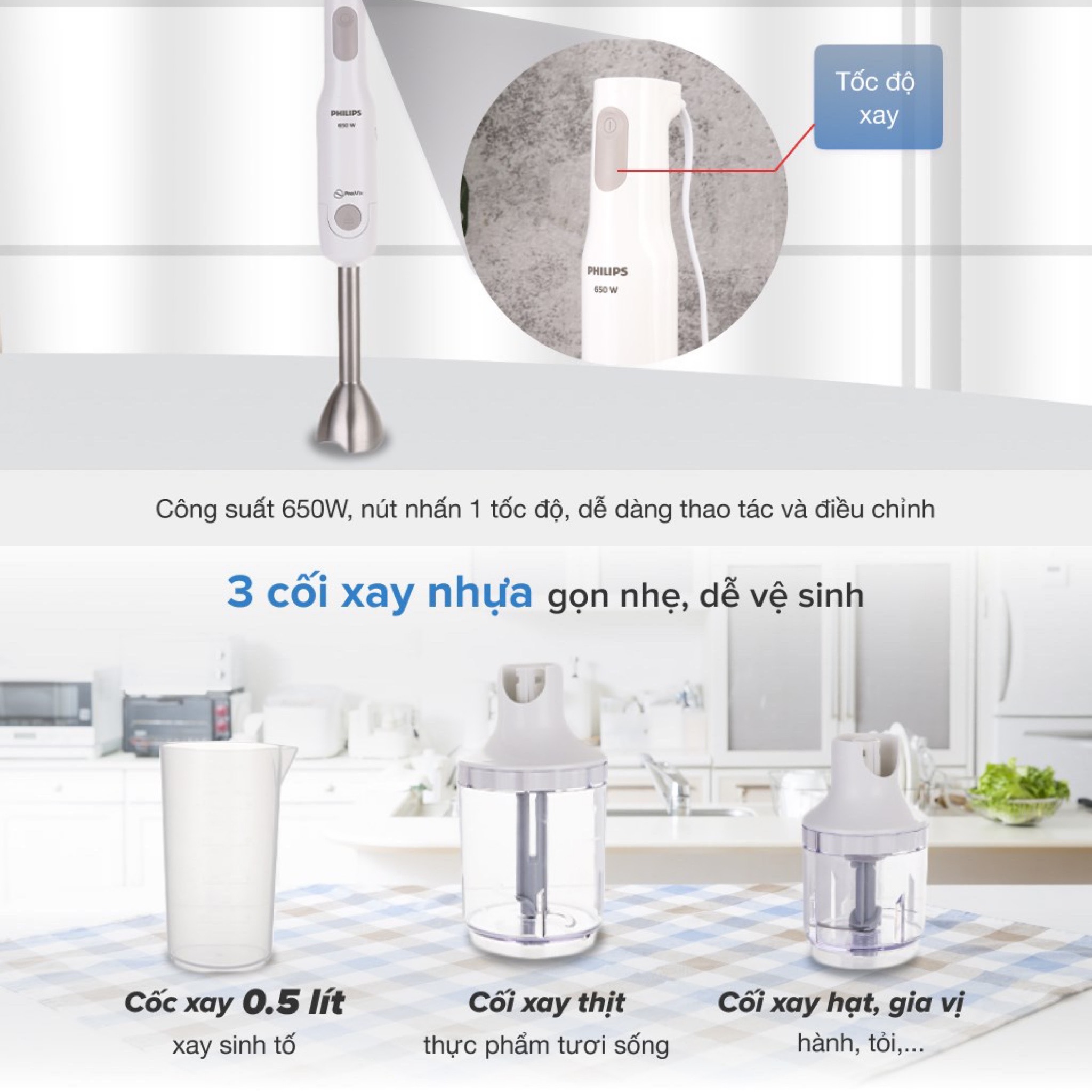 Máy Xay Sinh Tố Cầm Tay Đa Năng Philips HR-2537, Công Suất 650W, Xay hạt, sinh tố, thịt, Đánh trứng, Hàng Chính Hãng