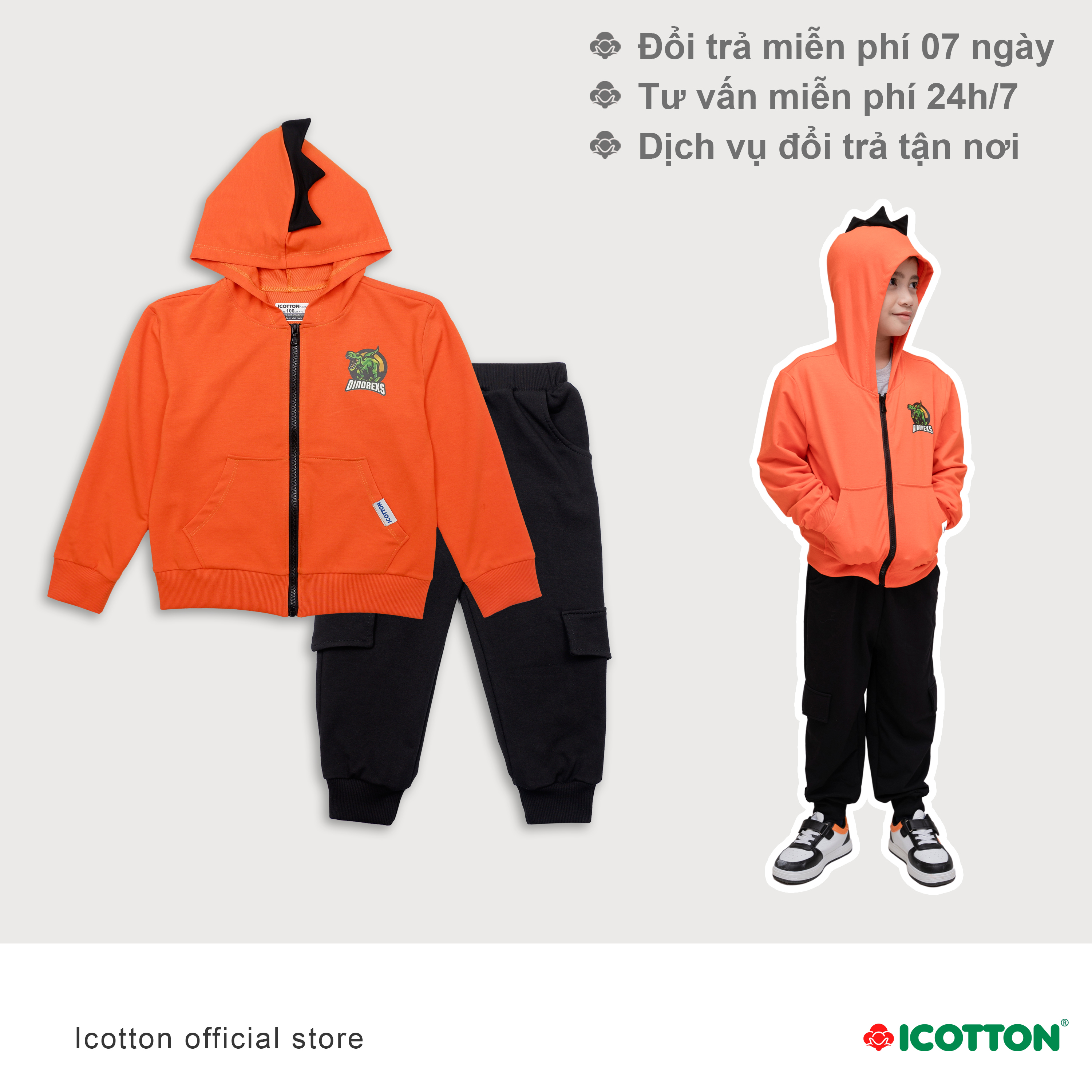 Áo hoodie kéo khoá Icotton hình Khủng long màu Cam BT129