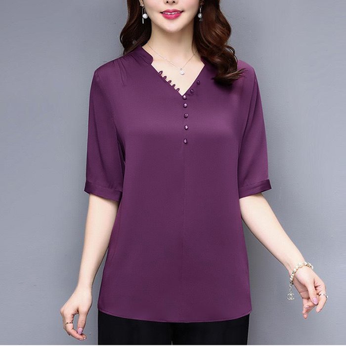 Áo Sơ Mi Quý Bà Dáng Rộng Kiểu Áo Sơ Mi Đính Nút Tay Lỡ - ÁO TRUNG NIÊN CAO CẤP 3A06
