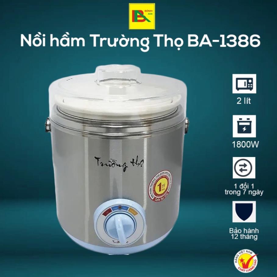 Nồi hầm Trường Thọ BA-1386 – Dung tích 2 Lít, Nấu cháo, Cặp lồng mang đi - Hàng Chính hãng