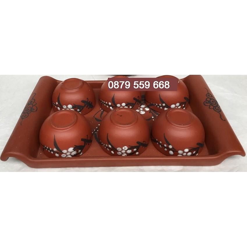 Bộ 6 chén gốm tử sa hoa đào, có khay đồng bộ