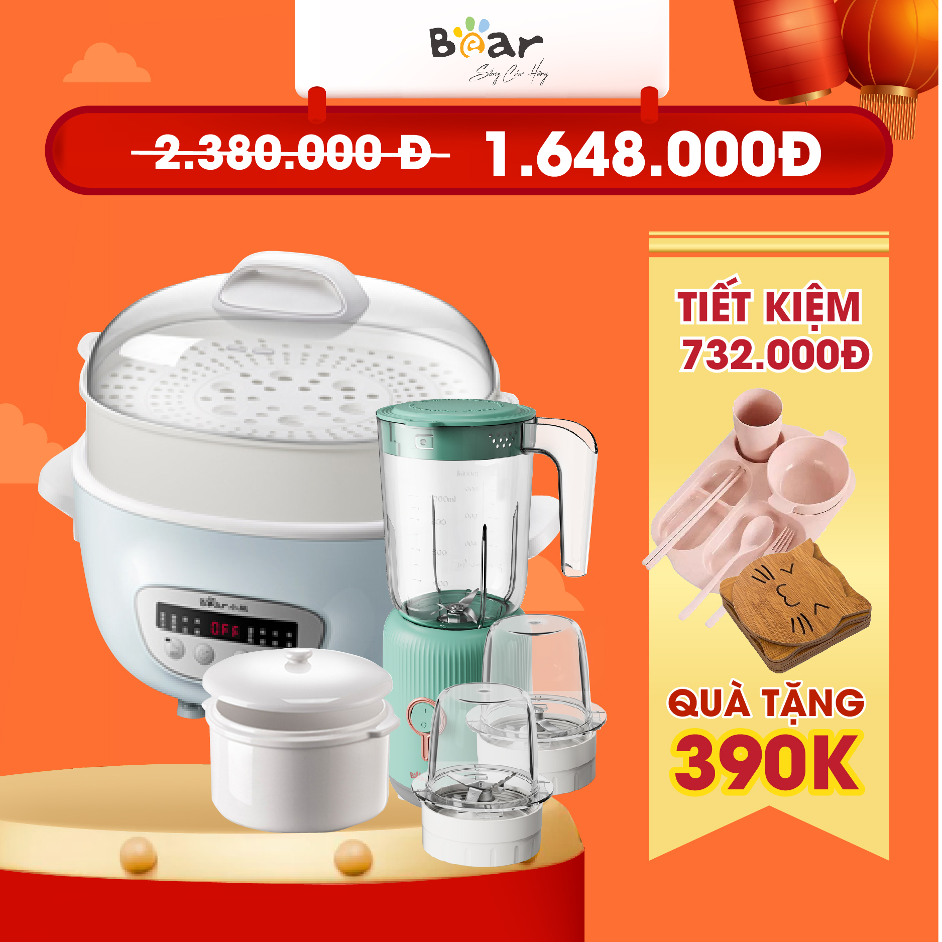 Combo Nồi Nấu Chậm 2,5L Bear SUBE003 và Máy xay ăn dặm đa năng 3 cối B10V2 nấu cháo, chưng yến, ăn dặm tiện dụng - Hàng chính hãng