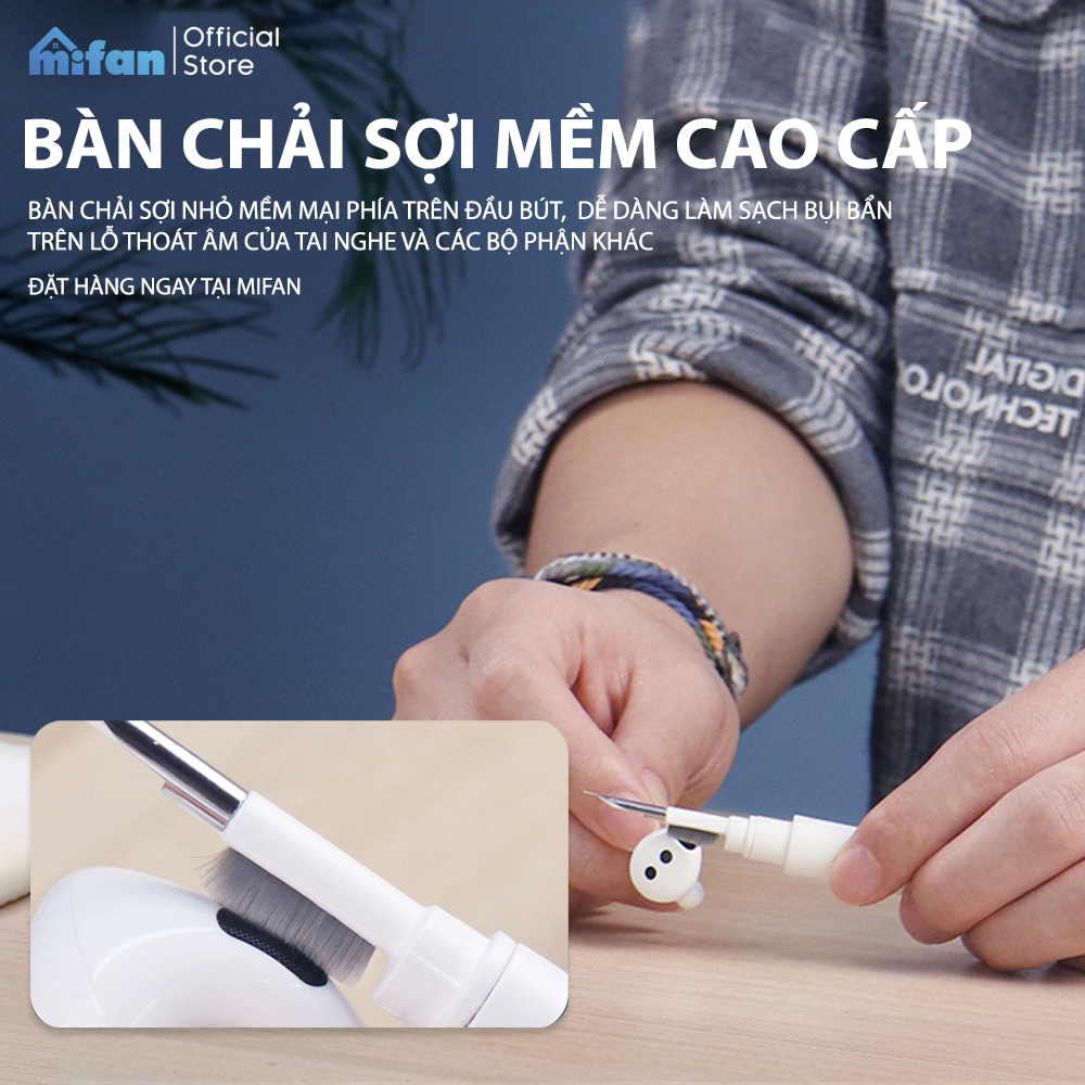 Bút Vệ Sinh Tai Nghe Bluetooth 3 Trong 1 Cao Cấp MIFAN - Làm sạch bụi bẩn trong hộp đựng, loa, cổng sạc, điện thoại - Hàng chính hãng