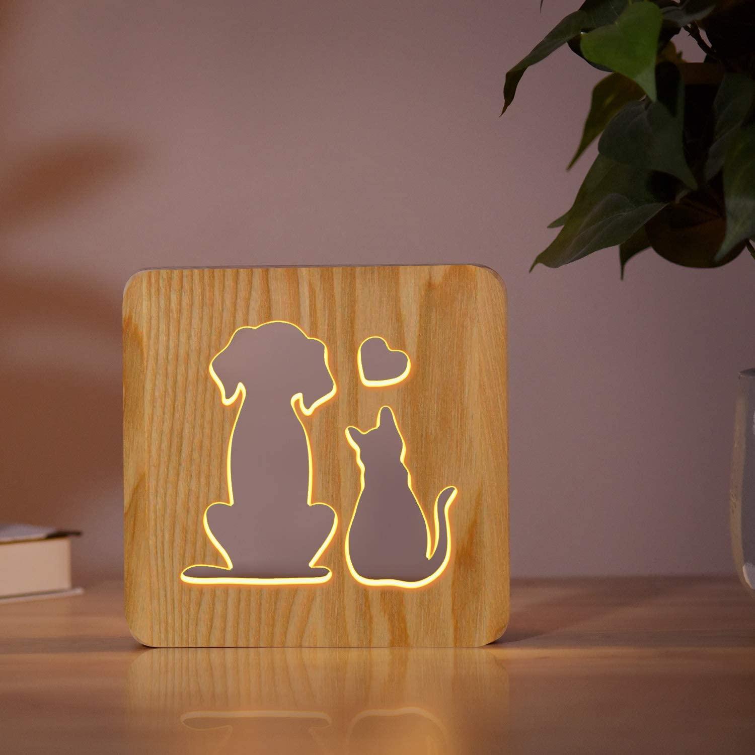 Đèn ngủ cho chó và mèo, đèn ngủ bằng gỗ LED hình thú