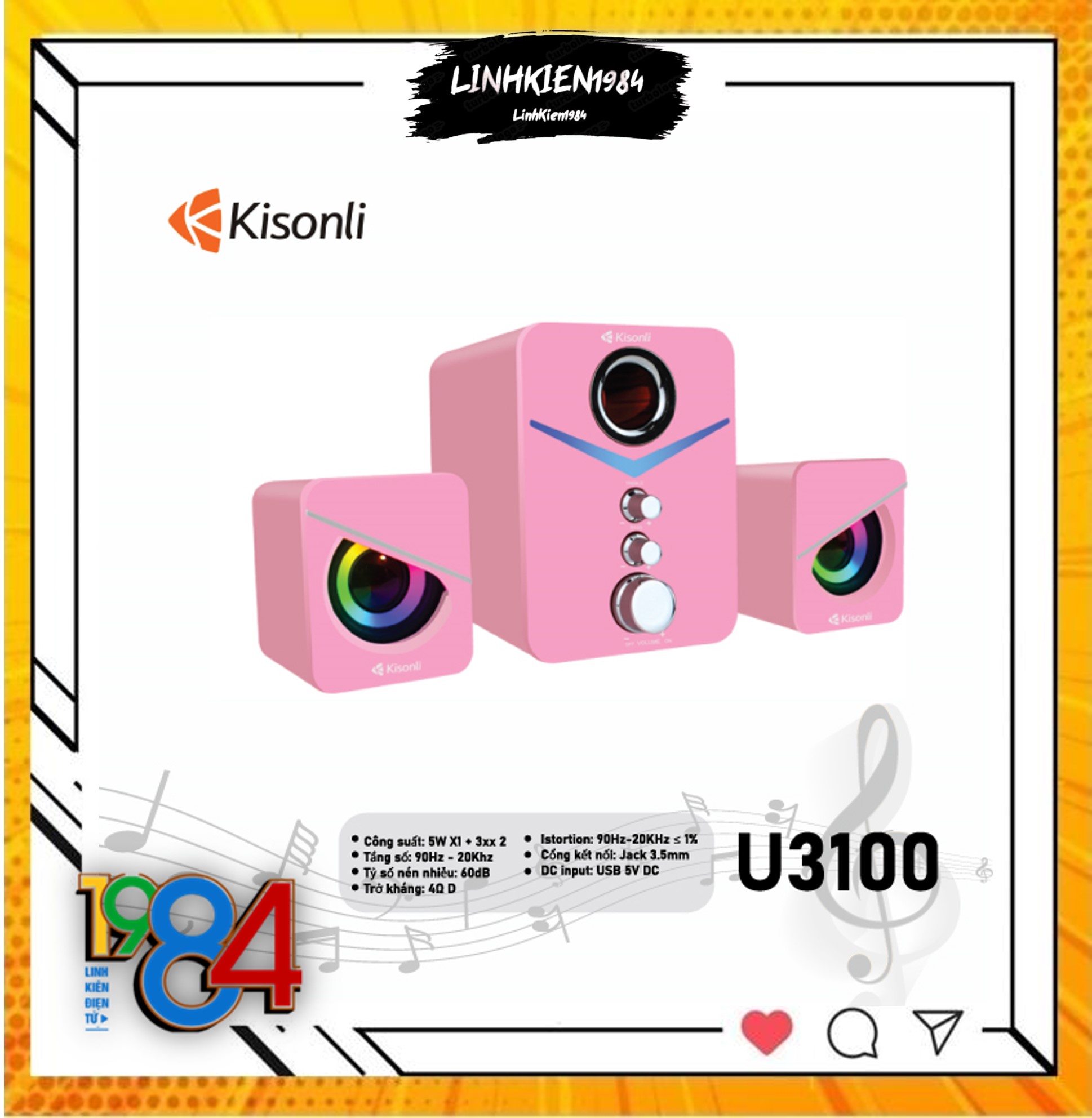 Bộ loa KISONLI U - 3100 2.1 ( 3C/Bộ) - Loa máy tính đen và hồng