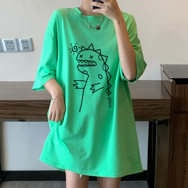 Hình ảnh Áo phông nam nữ unisex tay lỡ thun form rộng teen cổ tròn oversize cotton giá rẻ basic đen trắng tee pull freesize KHỦNG LONG DỄ THƯƠNG