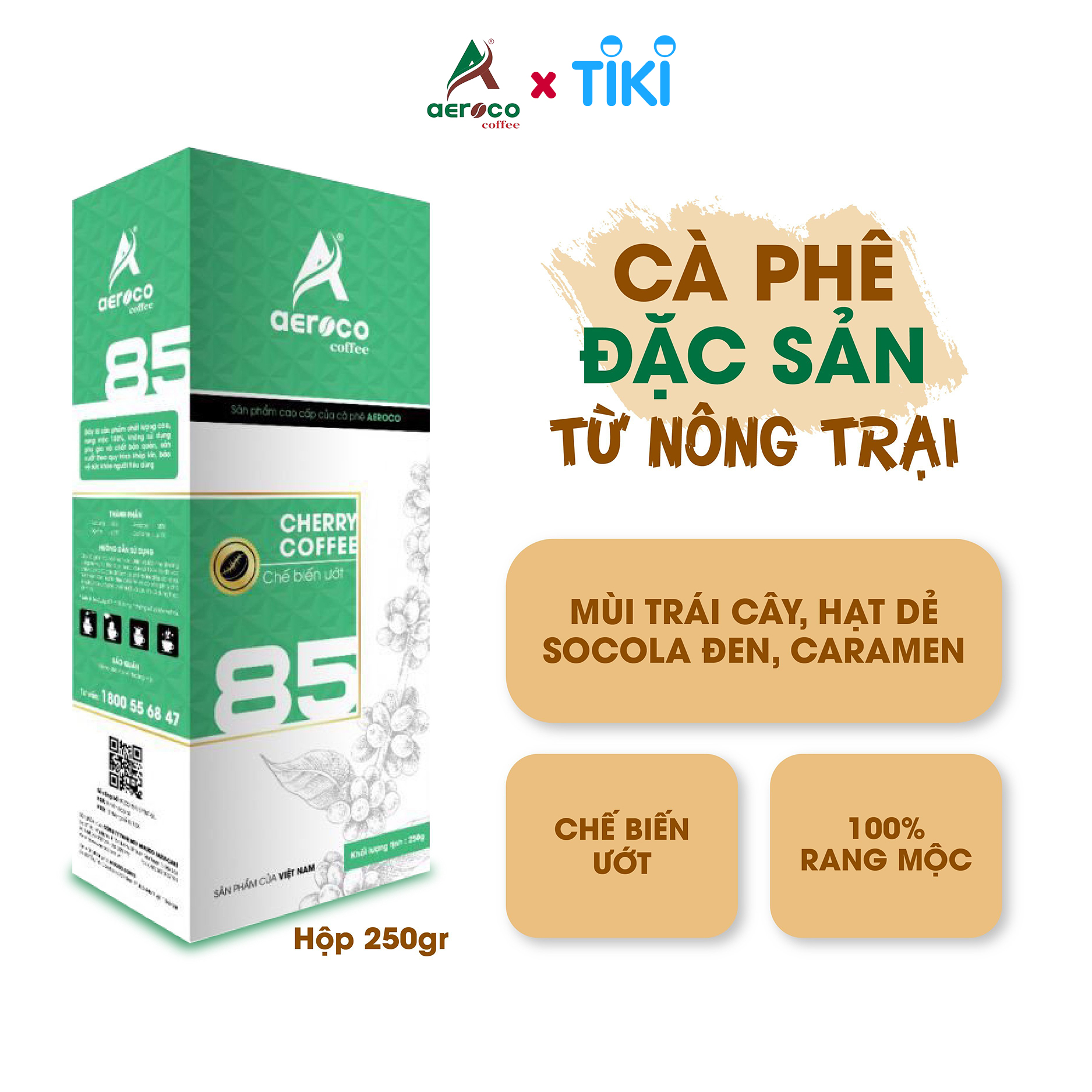 Cà phê bột pha phin AEROCO 85 nguyên chất 100% rang mộc hậu vị ngọt thơm quyến rũ, hộp 250g