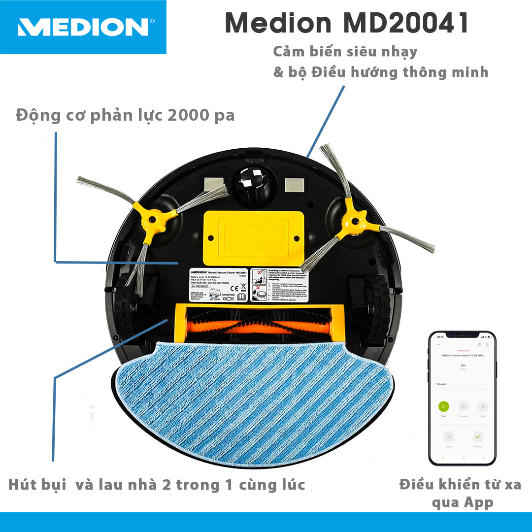 Robot Hút Bụi Lau Nhà công nghệ cao thế hệ mới Medion MD20041 Intelligent 2in1 Cleaning With Extra Power - Hàng nhập khẩu Đức