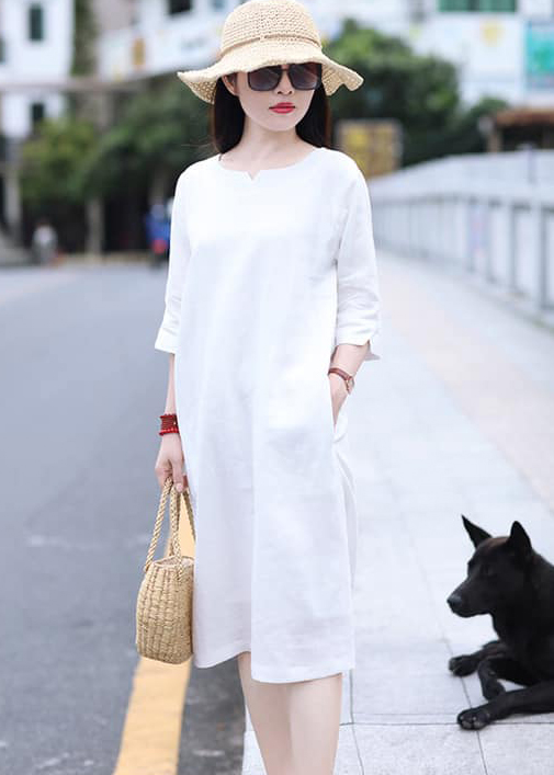 Đầm suông tay lỡ màu trắng đai rời, chất thô đũi mềm mát, thời trang phong cách Hàn Quốc
