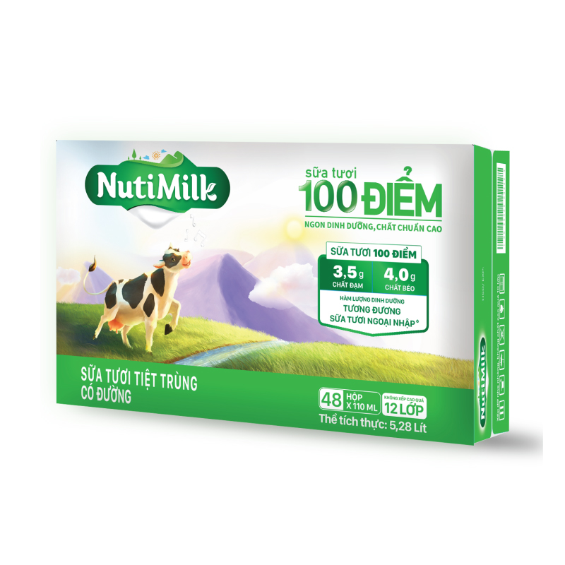 Thùng 48 Hộp NutiMilk Sữa tươi 100 điểm - Sữa tươi tiệt trùng Có đường 110ml TU.STCD110TI NUTIFOOD
