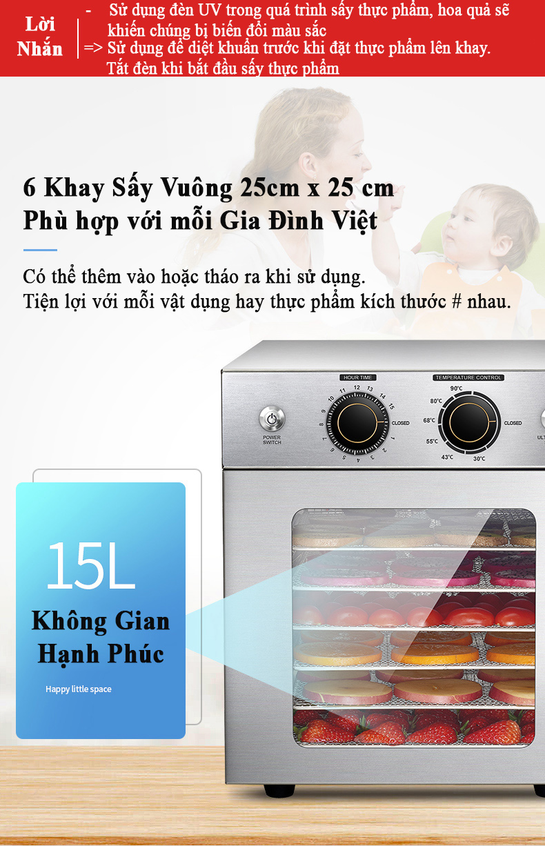 Máy Sấy Thực Phẩm Inox 6 khay, Tiệt Trùng Vật Dụng UV, Làm Đồ Ăn Dặm cho Bé Hàng Chính Hãng