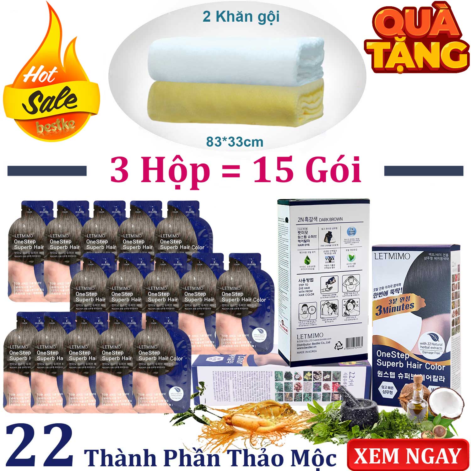 Bộ 3 Hộp thuốc Nhuộm Tóc 22 loại thảo mộc LETMIMO màu Nâu Đen_2N, 15 gói + QUÀ TẶNG 2 khăn gội bestke 83*33cm