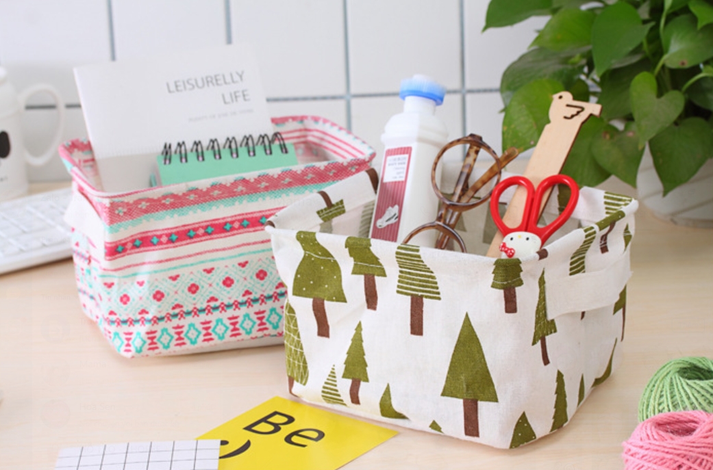Giỏ Vải Để Đồ, Sọt Vải Họa Tiết 20.5 cm x 16cm x 13cm tặng kèm móc dán tường đa năng
