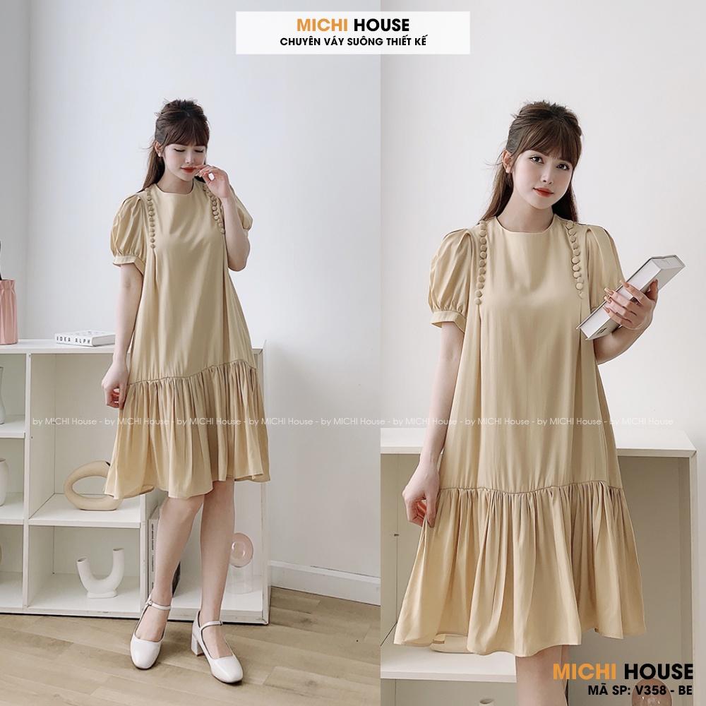 Đầm Suông Đuôi Cá Ngắn Tay Đính Cúc MICHI House V358 Váy Suông Lụa Tơ Mềm Mát Freesize