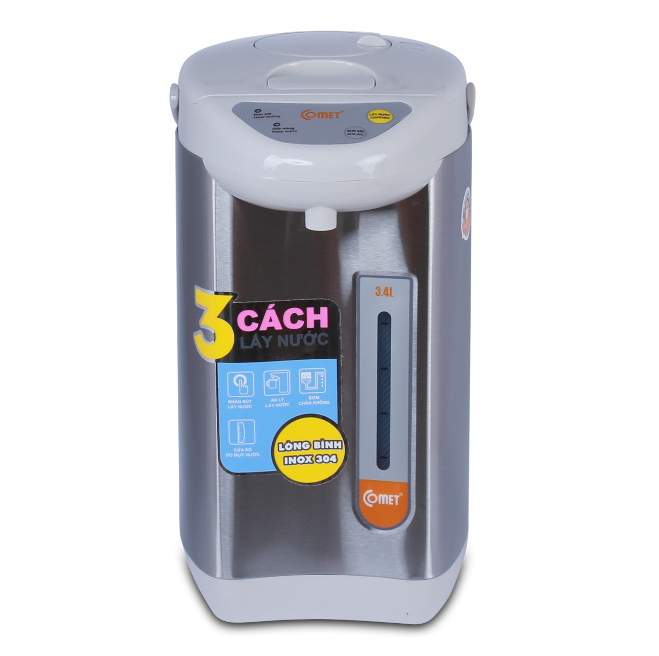 Nhập XMAS2020K giảm 20K Bình thủy điện thép không gỉ Comet CM3217 3.4 Lít Bạc - Hàng Chính Hãng