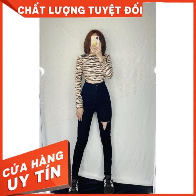 Quần jeans nữ skinny đen rách gối- jeans mềm giãn